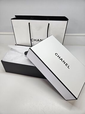 Authentic CHANEL White Logo Two Piece Gift Box with Tissue Bag 8.75" x 5.5" x 3"